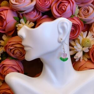 Minimalist Pink and Green Floral Earrings